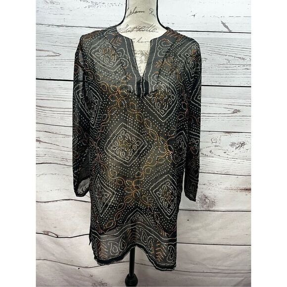 Byzance s/m black sheer blouse with multi colored triangle pattern-2983 - Picture 1 of 3